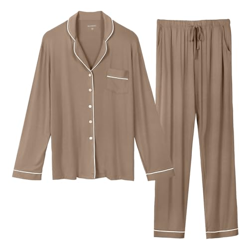 OCCIENTEC Pyjama für Damen Langarm Damen Schlafanzug mit Knopfleiste Nachtwäsche PJ Set Langarm Zweiteiliger Freizeitanzug Nachtwäsche Hausanzug Pyjama-Set für alle Jahreszeiten(Khaki,S) von OCCIENTEC