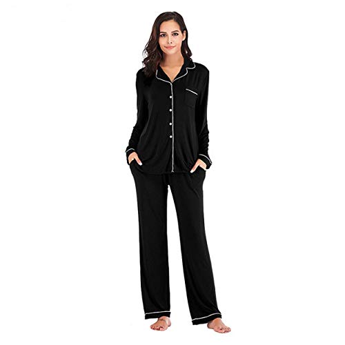 OCCIENTEC Pyjama für Damen Langarm Damen Schlafanzug mit Knopfleiste Nachtwäsche PJ Set Langarm Zweiteiliger Freizeitanzug Nachtwäsche Hausanzug Pyjama-Set für alle Jahreszeiten(Schwarz, M) von OCCIENTEC