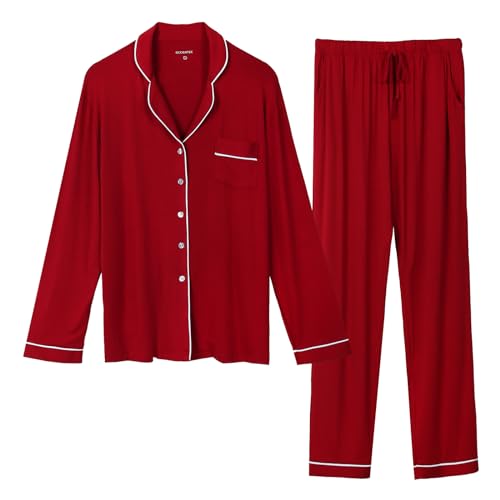 OCCIENTEC Pyjama für Damen Langarm Damen Schlafanzug mit Knopfleiste Nachtwäsche PJ Set Langarm Zweiteiliger Freizeitanzug Nachtwäsche Hausanzug Pyjama-Set für alle Jahreszeiten Rot,L von OCCIENTEC