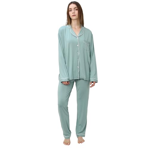 OCCIENTEC Pyjama für Damen Langarm Damen Schlafanzug mit Knopfleiste Nachtwäsche PJ Set Zweiteiliger Freizeitanzug Nachtwäsche Hausanzug Pyjama-Set für alle Jahreszeiten(Grün,L) von OCCIENTEC