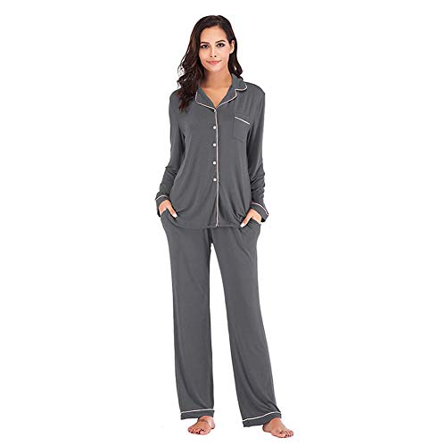 OCCIENTEC Pyjama für Damen Langarm Damen Schlafanzug mit Knopfleiste Nachtwäsche PJ Set Langarm Zweiteiliger Freizeitanzug Nachtwäsche Hausanzug Pyjama-Set für alle Jahreszeiten(Grau, L) von OCCIENTEC