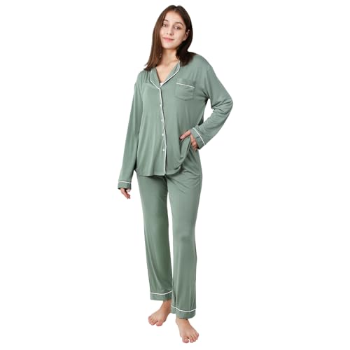 OCCIENTEC Pyjama für Damen Langarm Damen Schlafanzug mit Knopfleiste Nachtwäsche PJ Set Langarm Zweiteiliger Freizeitanzug Nachtwäsche Hausanzug Pyjama-Set für alle Jahreszeiten（Grün S） von OCCIENTEC