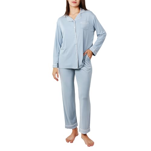 OCCIENTEC Pyjama für Damen Langarm Damen Schlafanzug mit Knopfleiste Nachtwäsche PJ Set Langarm Zweiteiliger Freizeitanzug Nachtwäsche Hausanzug Pyjama-Set für alle Jahreszeiten（Hellblau XL） von OCCIENTEC