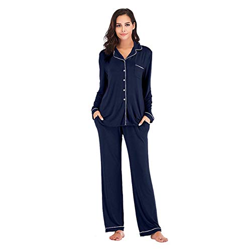 OCCIENTEC Pyjama für Damen Langarm Damen Schlafanzug mit Knopfleiste Nachtwäsche PJ Set Langarm Zweiteiliger Freizeitanzug Nachtwäsche Hausanzug Pyjama-Set für alle Jahreszeiten(Marinenblau, L) von OCCIENTEC