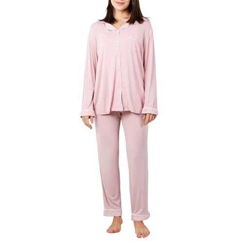 OCCIENTEC Pyjama für Damen Langarm Damen Schlafanzug mit Knopfleiste Nachtwäsche PJ Set Langarm Zweiteiliger Freizeitanzug Nachtwäsche Hausanzug Pyjama-Set für alle Jahreszeiten（Rosa M） von OCCIENTEC