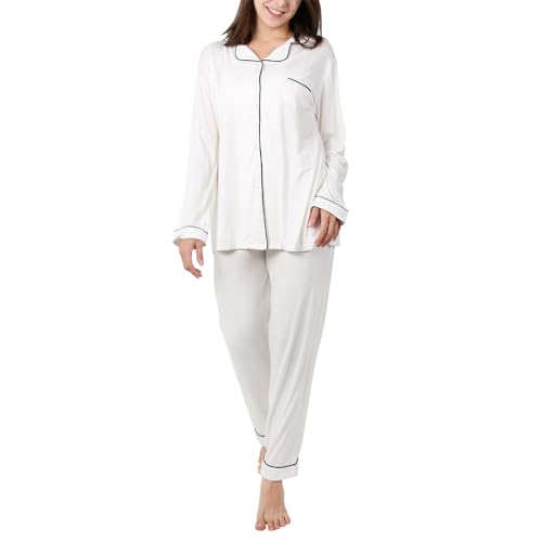 OCCIENTEC Pyjama für Damen Langarm Damen Schlafanzug mit Knopfleiste Nachtwäsche PJ Set mit Langarm Shirt Zweiteiliger Nachtwäsche Hausanzug（Weiß L） von OCCIENTEC