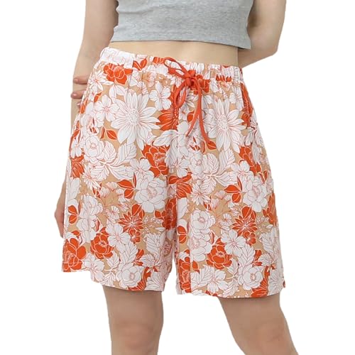 OCCIENTEC Pyjamahose Kurz Damen mit Bedruckte Ultraleichter Schlafanzughose Sommer mit Taschen und Kordelzug Strandshorts für Frauen Orange,L von OCCIENTEC