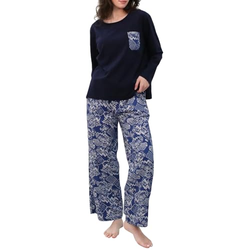 OCCIENTEC Schlafanzüge Damen aus Baumwolle Langärmeliges Oberteil mit Rundhalsausschnitt und Hose mit Geometrischem Muster Pyjama-Set Damen Zweiteiliger Frühling Herbst Marineblau,M von OCCIENTEC