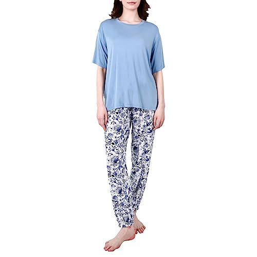 OCCIENTEC Schlafanzüge Damen mit Rundhalsausschnitt Zweiteiliger Hausanzug Damen Pyjama-Set Kurzärmeliges Einfarbiges Oberteil und Blumendruck Hose Blau L von OCCIENTEC