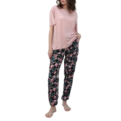 OCCIENTEC Schlafanzüge Damen mit Rundhalsausschnitt Zweiteiliger Pyjama-Set Damen Hausanzug Kurzärmeliges Einfarbiges T-Shirt und Blumendruck Hose Rosa L von OCCIENTEC