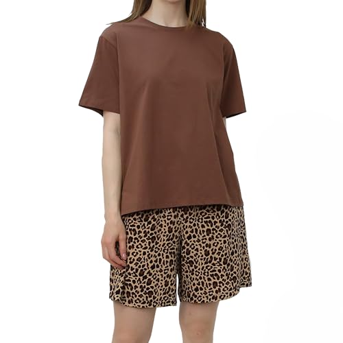 OCCIENTEC Schlafanzug Damen Kurz Pyjama Set Sommer Zweiteiliger Kurzarm Rund Ausschnitt Einfarbiges T-Shirt und Shorts mit Zebrastreifen Loungewear mit Taschen Braun,XL von OCCIENTEC