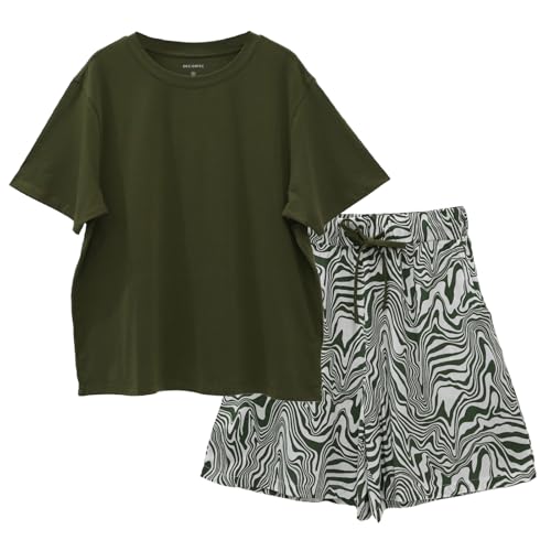 OCCIENTEC Schlafanzug Damen Kurz Pyjama Set Sommer Zweiteiliger Kurzarm Rund Ausschnitt Einfarbiges T-Shirt und Shorts mit Zebrastreifen Loungewear mit Taschen Grün,3XL von OCCIENTEC