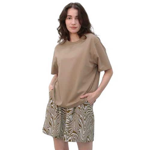 OCCIENTEC Schlafanzug Damen Kurz Pyjama Set Sommer Zweiteiliger Kurzarm Rund Ausschnitt Einfarbiges T-Shirt und Shorts mit Zebrastreifen Loungewear mit Taschen Khaki,M von OCCIENTEC