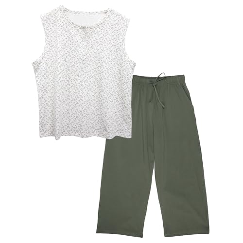 OCCIENTEC Schlafanzug Damen aus Baumwolle Blumendruck Rundhalsausschnitt Ärmellose Tanktop + Armee Grün 3/4 Lange Schlafhosen Damen Senioren,L von OCCIENTEC