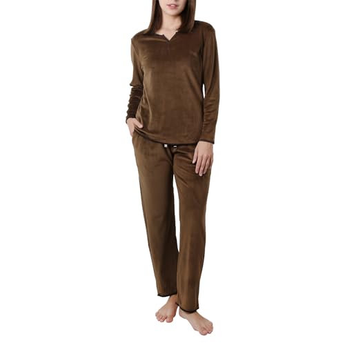 OCCIENTEC Schlafanzug für Damen Zweiteiliger Fleece Pyjama Langärmliger Oberteil und Hose Herbst und Winter Dick Warm Entspannend Sleepwear mit V-Ausschnitt Braun,M von OCCIENTEC