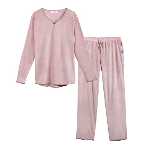 OCCIENTEC Schlafanzug für Damen Zweiteiliger Fleece Pyjama Langärmliger Oberteil und Hose Herbst und Winter Dick Warm Entspannend Sleepwear mit V-Ausschnitt Rosa, L von OCCIENTEC