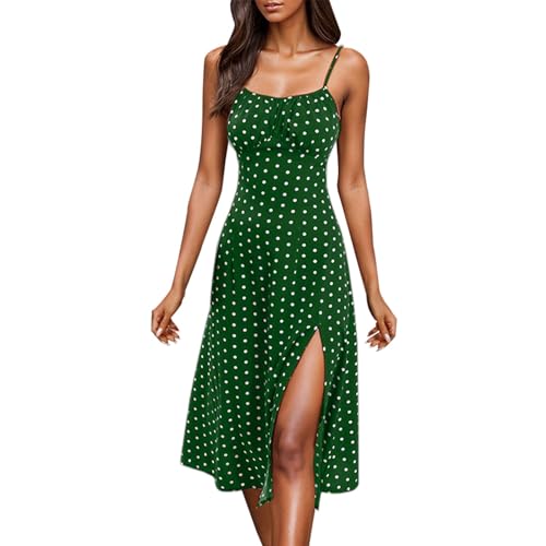 OCCOKO Damen 2024 Sexy Tankkleid Boho Spaghetti mit gepunktetem Tanktop Falten fließend hoch seitlich geschlitzt langes Maxikleid Blümchen Kleid Green gr XXL von OCCOKO
