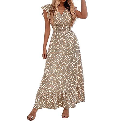 OCCOKO Damen Maxikleid für mit Rüschenärmeln gr Strand gr langes Sommerkleid gr Boho gr lässiges Blumenkleid Plissee Kleider Brown gr S von OCCOKO