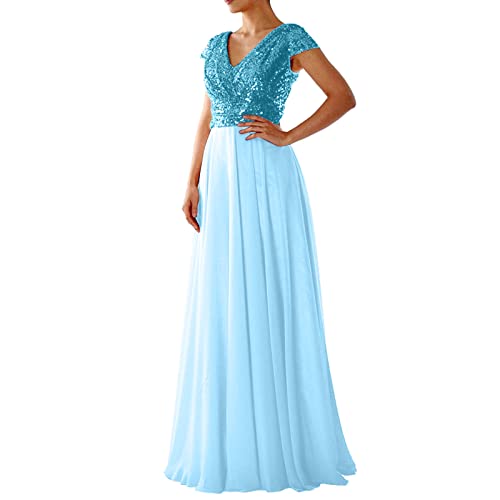 OCCOKO Damen V Ausschnitt Pailletten Chiffon Panel Abendkleid Langes Kleid Elegantes Brautjungfernkleider Schwarz Kurz Elegant Sky Blue gr XXXL von OCCOKO