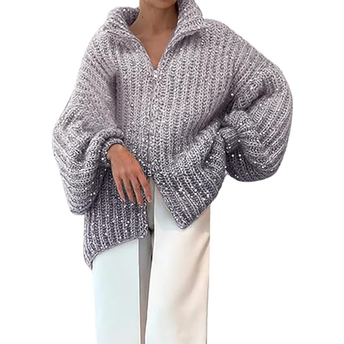 OCCOKO Mode Frauen Pailletten Pullover Oberbekleidung Mantel Glitter Lose Lange Strickjacke Pullover Damen Strickpullover Grobstrickpullover (Grey, XXXL) von OCCOKO