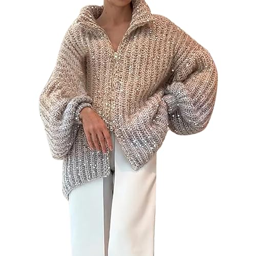 OCCOKO Mode Frauen Pailletten Pullover Oberbekleidung Mantel Glitter Lose Lange Strickjacke Pullover Damen Strickpullover Grobstrickpullover (White, S) von OCCOKO