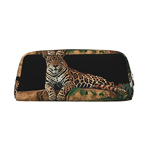 Afrikanischer Leopard auf Felsen Leder Reißverschluss Stereoskopische Stift Tasche Bunte Schreibwaren Tasche Make-up Tasche Aufbewahrungstasche von OCELIO