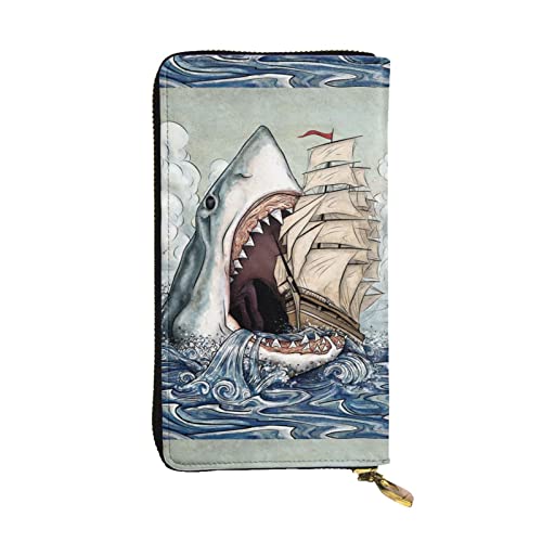 Damen Lange Leder Geldbörse Kartenorganizer Metall Reißverschluss Geldbörse Damen Kreditkarte Tasche Elegante Clutch Bag Cartoon Fisch Essen Schiff Im Ozean Meer Schwarz Einheitsgröße, Schwarz, One von OCELIO