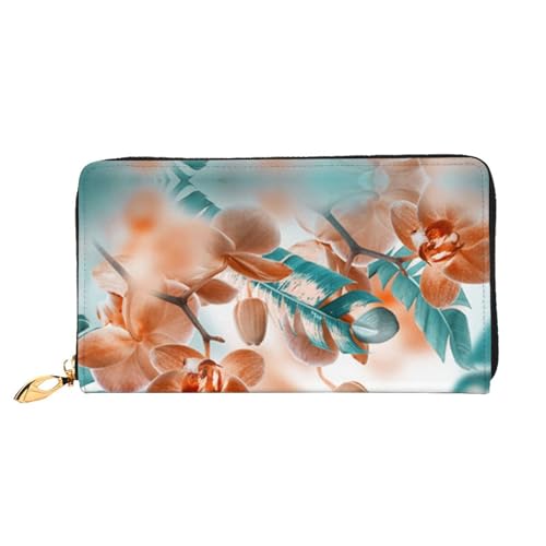 Frühling Bambus Leder Lange Handheld Brieftasche Damen Lange Handheld Brieftasche Verwendet für Kreditkarte Bargeld Münzen Lagerung, Blaugrün und orange Blume, One Size, Casual von OCELIO