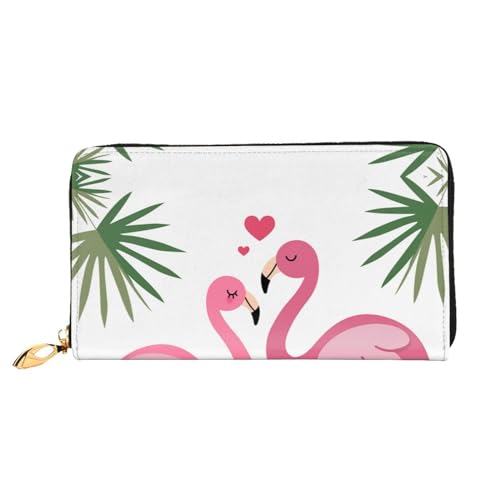 Nummernschild Karte Leder Lange Handheld Geldbörse Damen Lange Handheld Brieftasche Verwendet für Kreditkarte Bargeld Münzaufbewahrung, Palmblatt und Flamingos Paar, One Size, Casual von OCELIO