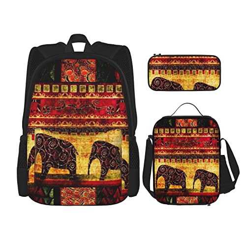 OCELIO Afrikanischer Elefant Patchwork-Rucksack, Teenager-Mädchen, Jungen, Schultasche + Federmäppchen + Lunchtasche Kombination, Schwarz, Einheitsgröße, Rucksack, Reisen von OCELIO