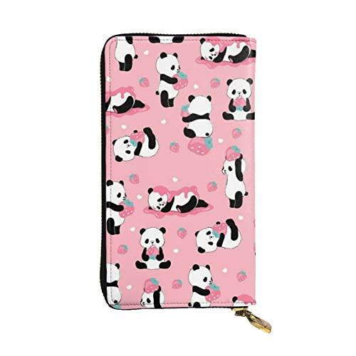 OCELIO Damen Lange Leder Geldbörse Kartenorganizer Metall Reißverschluss Geldbörse Damen Kreditkarte Tasche Elegante Clutch Bag Cartoon Erdbeere Panda, Schwarz, Einheitsgröße, Schwarz, One Size von OCELIO