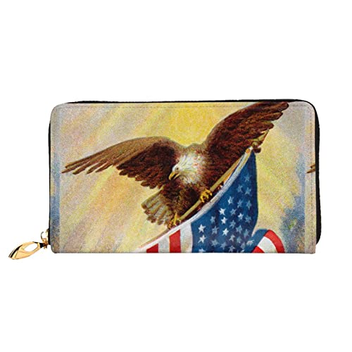 OCELIO Damen Lange Leder Geldbörse Kartenorganizer Metall Reißverschluss Geldbörse Damen Kreditkarte Tasche Elegante Clutch Bagamerican USA Flagge Adler Kunst Schwarz Einheitsgröße, Schwarz, One Size von OCELIO