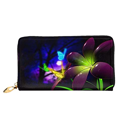 OCELIO Damen Lange Leder Geldbörse Kartenorganizer Metall Reißverschluss Geldbörse Damen Kreditkarte Tasche Elegante Clutch Bagblue Purple Flower Butterfly Schwarz Einheitsgröße, Schwarz, One Size von OCELIO