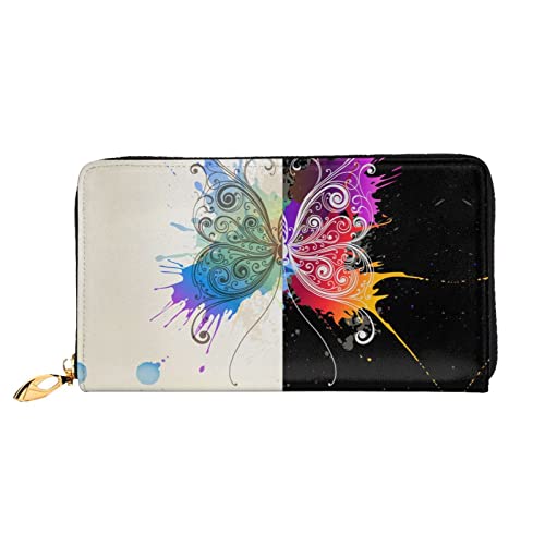 OCELIO Damen Lange Leder Geldbörse Kartenorganizer Metall Reißverschluss Geldbörse Damen Kreditkarte Tasche Elegante Clutch Bagcolorful Schmetterling Muster Schwarz Einheitsgröße, Schwarz, One Size von OCELIO