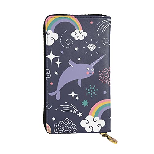 OCELIO Damen Lange Leder Geldbörse Kartenorganizer Metall Reißverschluss Geldbörse Damen Kreditkarte Tasche Elegante Clutch Bagcute Meerestier Regenbogen Schwarz Einheitsgröße, Schwarz, One Size von OCELIO