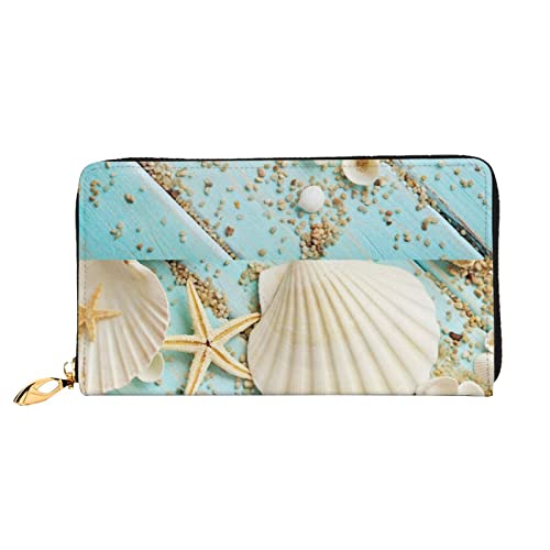 OCELIO Damen Lange Leder Geldbörse Kartenorganizer Metall Reißverschluss Geldbörse Damen Kreditkarte Tasche Elegante Clutch Bagocean Meer Strand Muscheln Seestern Blau Schwarz Einheitsgröße, Schwarz, One Size von OCELIO