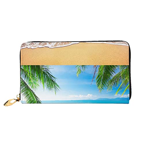 OCELIO Damen Lange Leder Geldbörse Kartenorganizer Metall Reißverschluss Geldbörse Damen Kreditkarte Tasche Elegante Clutch Bagocean Meer Strand Palmenblätter Schwarz Einheitsgröße, Schwarz, One Size von OCELIO