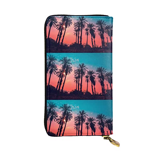 OCELIO Damen Lange Leder Geldbörse Kartenorganizer Metall Reißverschluss Geldbörse Damen Kreditkarte Tasche Elegante Clutch Bagpalm Tree Sunset Schwarz Einheitsgröße, Schwarz, One Size von OCELIO