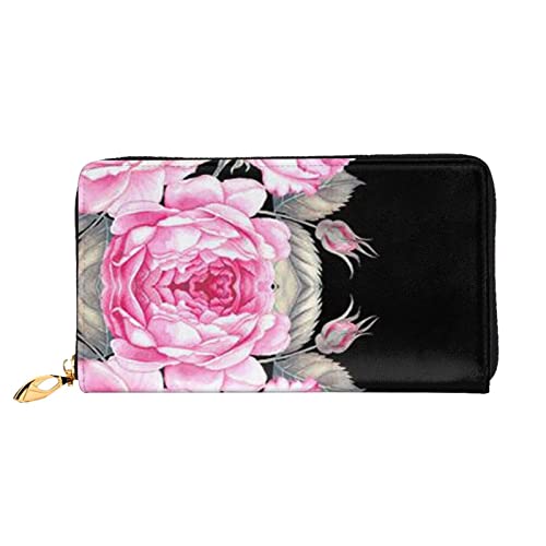 OCELIO Damen Lange Leder Geldbörse Kartenorganizer Metall Reißverschluss Geldbörse Damen Kreditkarte Tasche Elegante Clutch Bagpink Blumen Schwarz Einheitsgröße, Schwarz, One Size von OCELIO