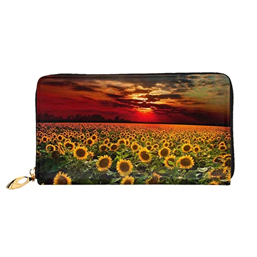 OCELIO Damen Lange Leder Geldbörse Kartenorganizer Metall Reißverschluss Geldbörse Damen Kreditkarte Tasche Elegante Clutch Bagsunset Sunflower Schwarz Einheitsgröße, Schwarz, One Size von OCELIO