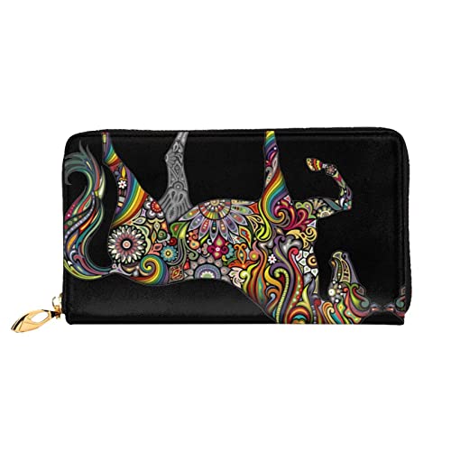 OCELIO Damen Lange Leder Geldbörse Kartenorganizer Metall Reißverschluss Geldbörse Damen Kreditkarte Tasche Elegante Clutch Bagtribal Ethnic Floral Tier Pferd Schwarz Einheitsgröße, Schwarz, One Size von OCELIO