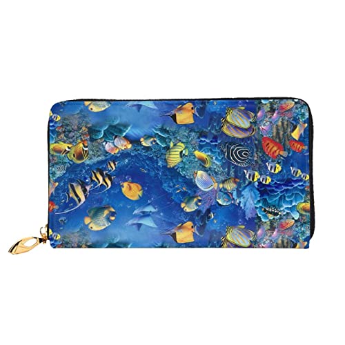 OCELIO Damen Lange Leder Geldbörse Kartenorganizer Metall Reißverschluss Geldbörse Damen Kreditkarte Tasche Elegante Clutch Bagtropical Fishes, Schwarz, Einheitsgröße, Schwarz, One Size von OCELIO