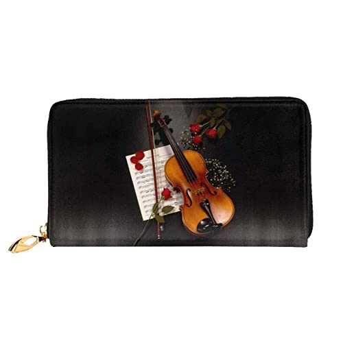 OCELIO Damen Lange Leder Geldbörse Kartenorganizer Metall Reißverschluss Geldbörse Damen Kreditkarte Tasche Elegante Clutch Bagviolin Notenblatt Schwarz Einheitsgröße, Schwarz, One Size von OCELIO