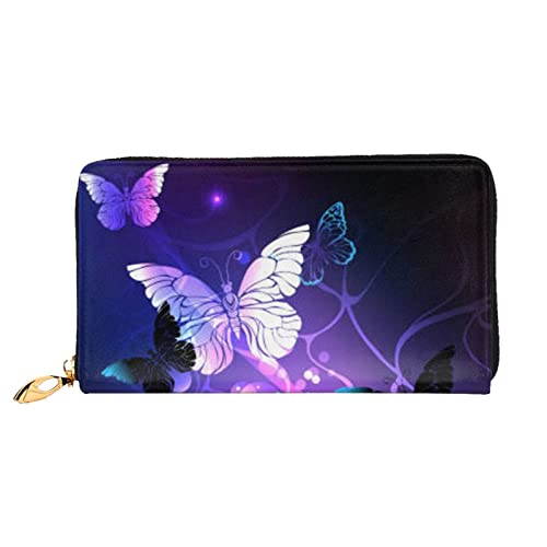 OCELIO Damen Lange Leder Geldbörse Kartenorganizer Metall Reißverschluss Geldbörse Damen Kreditkarte Tasche Elegante Clutch Tasche Weiß Lila Schmetterlinge Schwarz Einheitsgröße, Schwarz, One Size von OCELIO