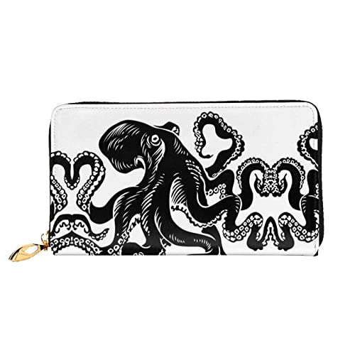 OCELIO Damen Lange Ledergeldbörse, Kartenorganizer, Metall-Reißverschluss, Damen-Kreditkartentasche, elegante Clutch-Brieftasche, klassischer schwarzer Oktopus, Schwarz, Einheitsgröße, Schwarz, One von OCELIO