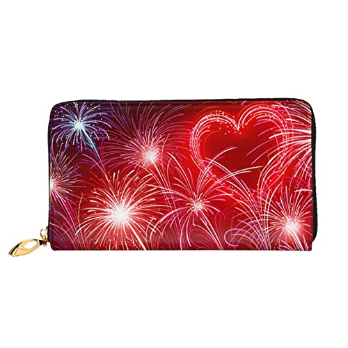 OCELIO Damen Lange Ledergeldbörse, Kartenorganizer, Metall-Reißverschluss, Kreditkarten-Tasche, elegante Clutch-Brieftasche, Herzen, Feuerwerk, Schwarz, Einheitsgröße, Schwarz, One Size von OCELIO