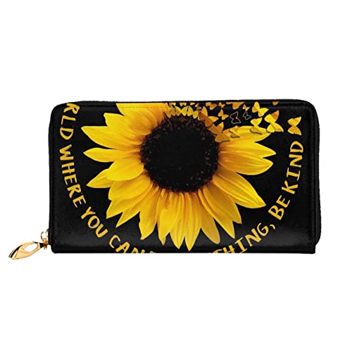 OCELIO Damen Lange Ledergeldbörse, Kartenorganizer, Metall-Reißverschluss, Kreditkarten-Tasche, elegante Clutch-Brieftasche, Sonnenblume auf schwarzem Hintergrund, Schwarz, Einheitsgröße, Schwarz, One Size von OCELIO