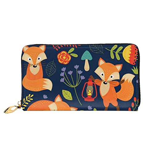 OCELIO Damen Lange Ledergeldbörse, Kartenorganizer, Metall-Reißverschluss, Kreditkarten-Tasche, elegante Clutch-Geldbörse, niedliches Tier, Fuchs, Blume, Schwarz, Einheitsgröße, Schwarz, One Size von OCELIO