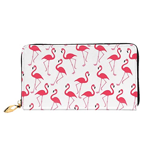 OCELIO Damen Lange Ledergeldbörse, Kartenorganizer, Metall-Reißverschluss, Kreditkarten-Tasche, elegante Clutch-Geldbörse, rosa Flamingomuster, Schwarz, Einheitsgröße, Schwarz, One Size von OCELIO