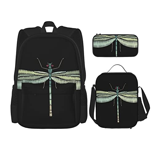 OCELIO Dragonfly Schwarzer Rucksack, Teenager-Mädchen, Jungen, Kinder-Schultasche + Federmäppchen + Lunch-Tasche, Kombination, Schwarz, Einheitsgröße, Rucksack, Reisen, Schwarz , Einheitsgröße, Rucksack, Reisen von OCELIO